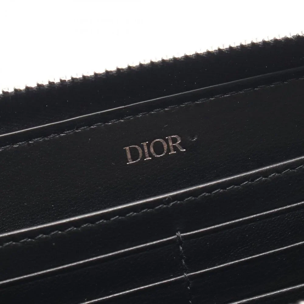Dior Round Long Wallet Logo Black Gray Leather Round Long Wallet